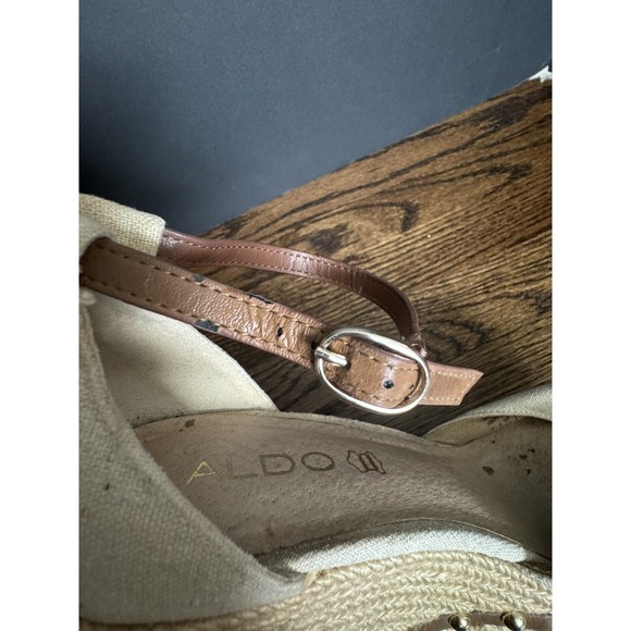 ALDO Sandals Wedge Shoes Beige Ankle Strap Studded Peep Toe Sz US 10 - Picture 10 of 10